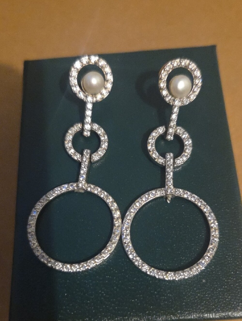 Silver Pearl and Crystal Drop Hoop Earrings - Picture 3 of 4